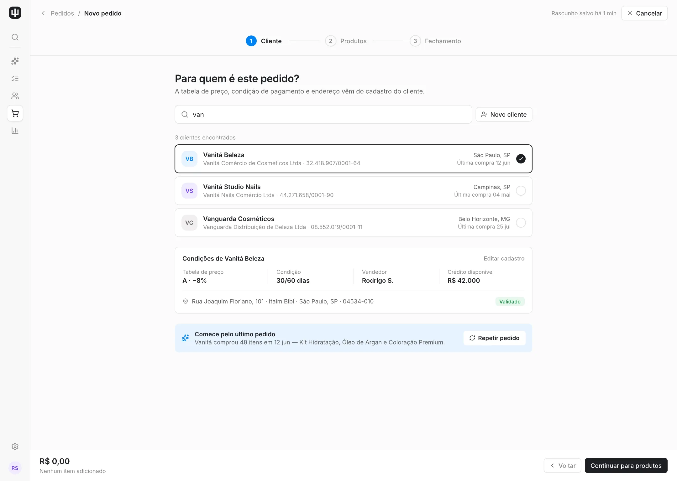 Novo pedido — cliente