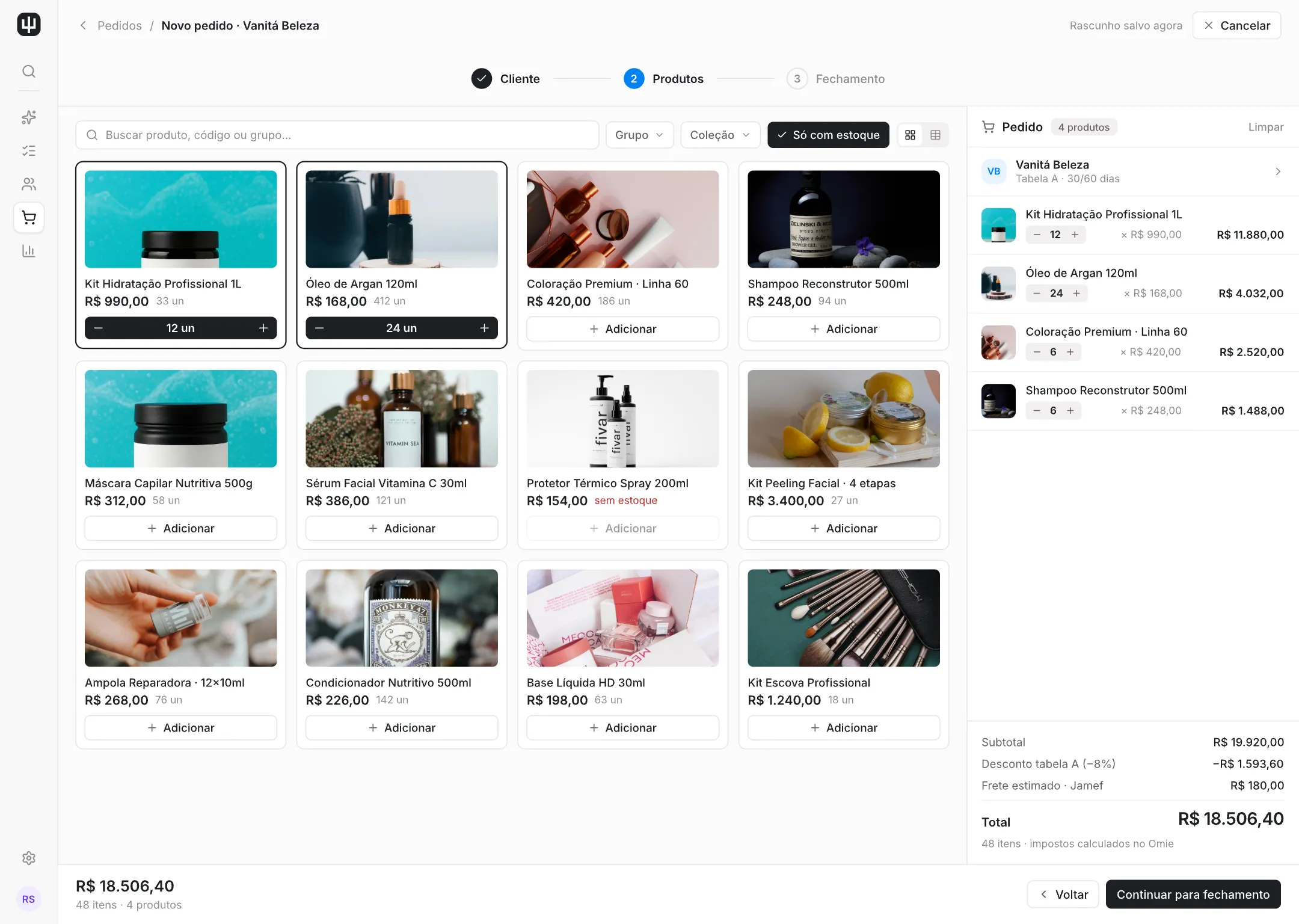 Novo pedido — produtos