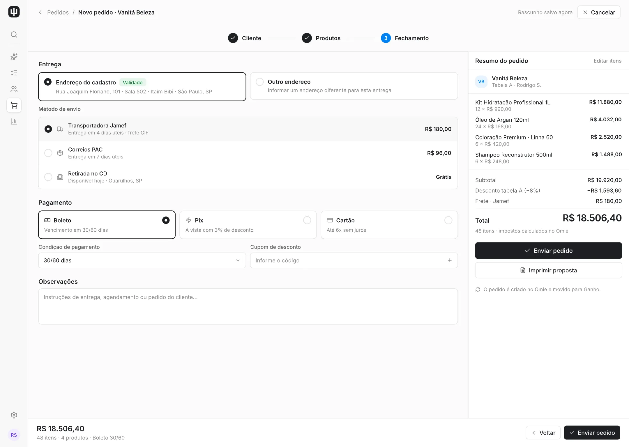 Novo pedido — fechamento